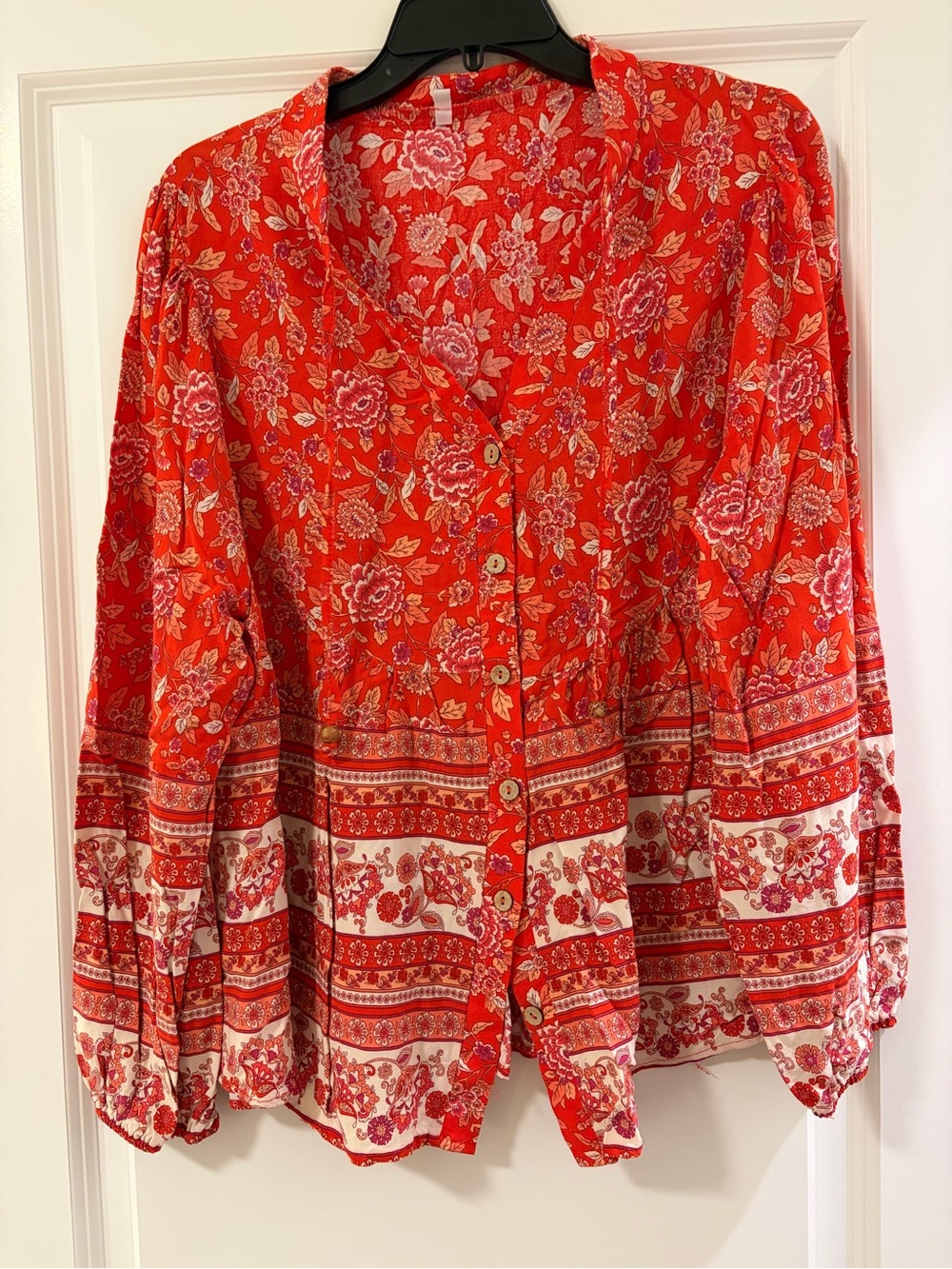 Red Floral Button-Front Women’s Blouse